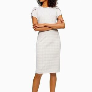 NWT Calvin Klein Neutral Beige Houndstooth Tulip Sleeve Stretch Crepe Dress Sz 4